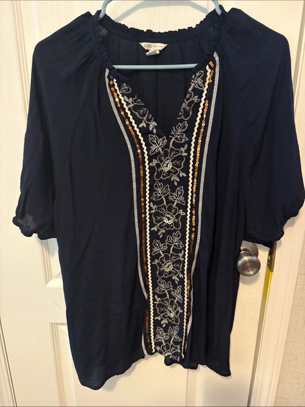 Cato Navy Floral Embroidered Peasant Blouse with Gold Sequin Detail